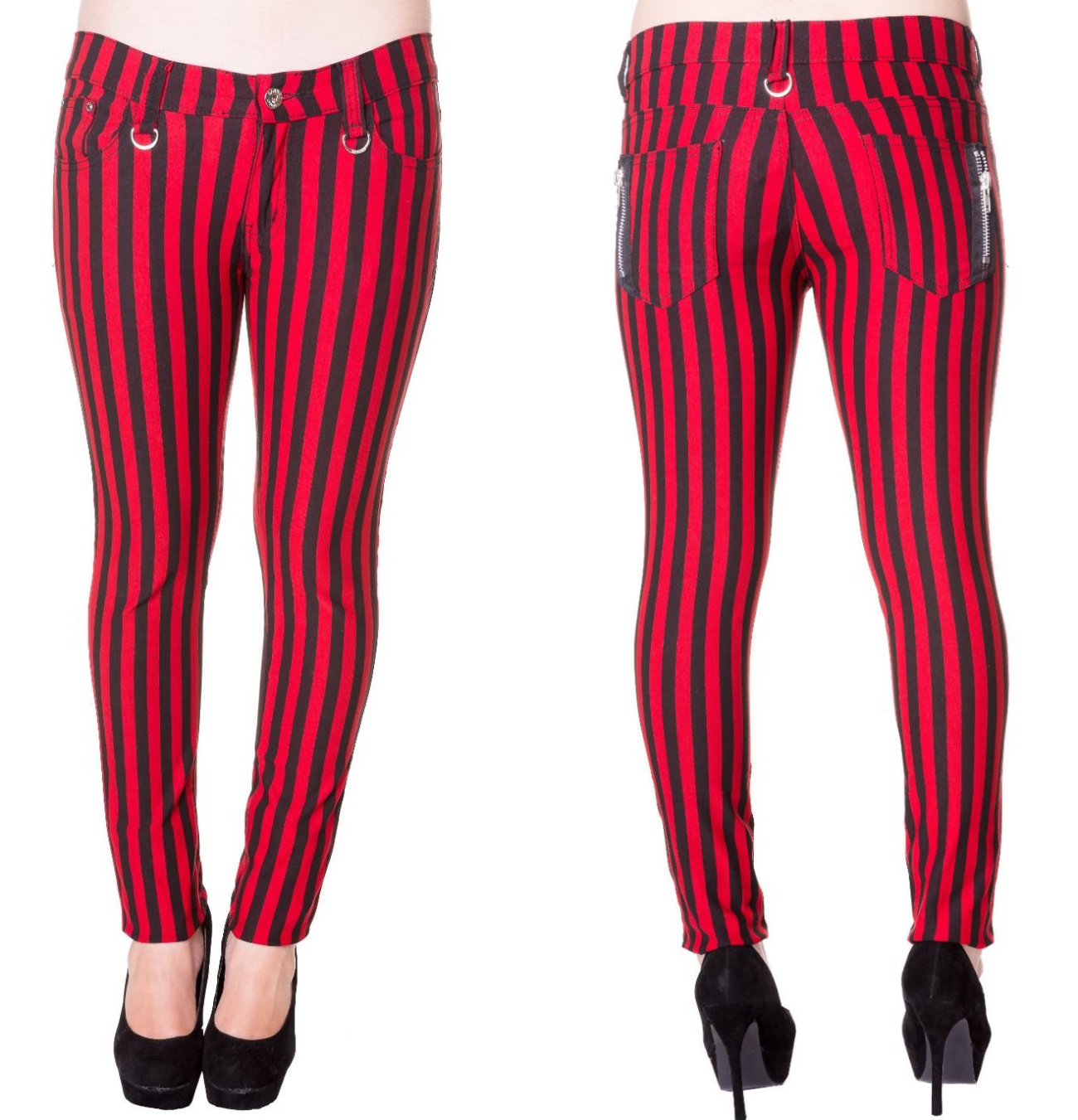 Skinnyjeans schwarz/rot gestreift Banned Banned Hosen Details Gothic Shop und Versand